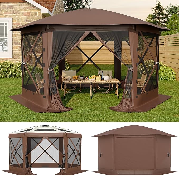 13x13FT 6-Sided Pop Up Gazebo Tent，One-Push Setup Canopy Tent with Removable Canopy Top & Wind Cloths, Outdoor shelter for Camping, Backyard Parties, Outdoor Events - Beige & Khaki