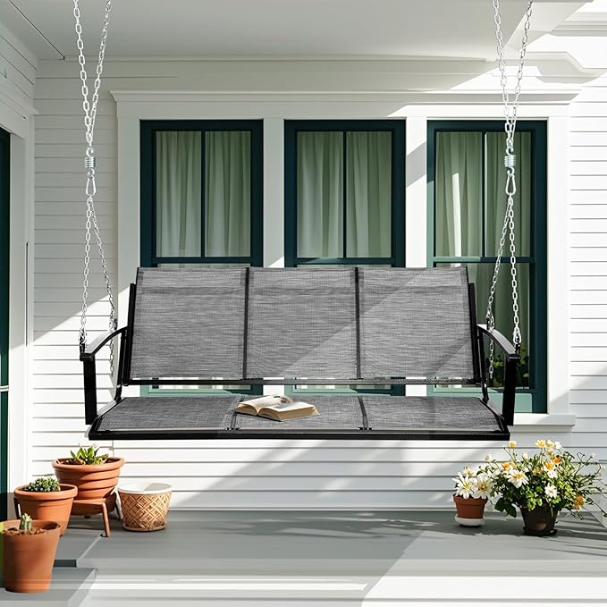 Textilene 3 Seat Hanging Swing, 5.2FT Patio Bench Swing, 660lbs Heavy Duty Outdoor Porch Swing with Hanging Chains for Courtyard, Garden, Tree, Yard