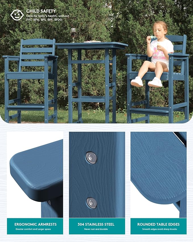 SERWALL 6 Pieces Outdoor Patio Bar Set with 9ft Umbrella, Outdoor HDPE Barstool and Table Furniture Set with Patio Umbrella, Blue