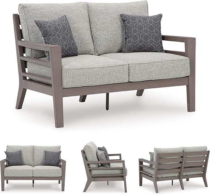 Signature Design by Ashley Hillside Barn Contemporary Nuvella Weather Resistant Fabric Outdoor Loveseat with Cushion and 2 Throw Pillows, Light Brown & Light Gray