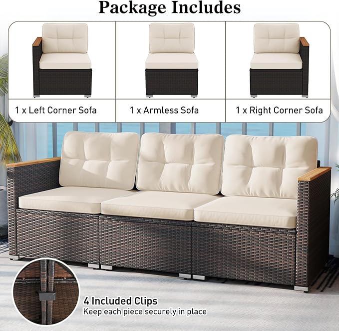 Tangkula 3-Seat Patio Wicker Couch Sofa, Outdoor 3 Seater Rattan Furniture Set with Acacia Wood Armrests & Thick Cushion, Outside Sectional Sofa Couch for Porch, Deck, Garden and Backyard, Off White