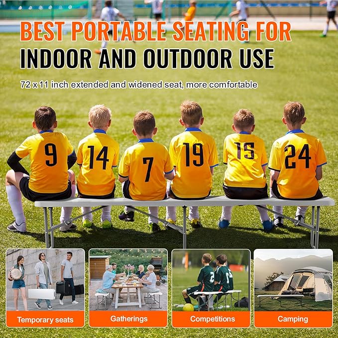 VEVOR Plastic Folding Bench, 6ft Portable Folding Bench, Smooth High Density Polyethylene Waterproof Outdoor Bench, Picnic Camping Table with Handle for Garden Soccer Playtime, White (1 Pack)