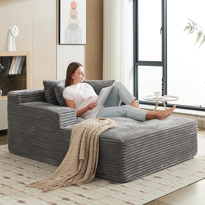 Garvee 50" Oversized Chaise Lounge Indoor Boneless Couch with 3 Pillows Corduroy Sofa Bed, Comfy Sleeper Chair for Living Room Bedroom Reading Chair No Assembly Required, Grey