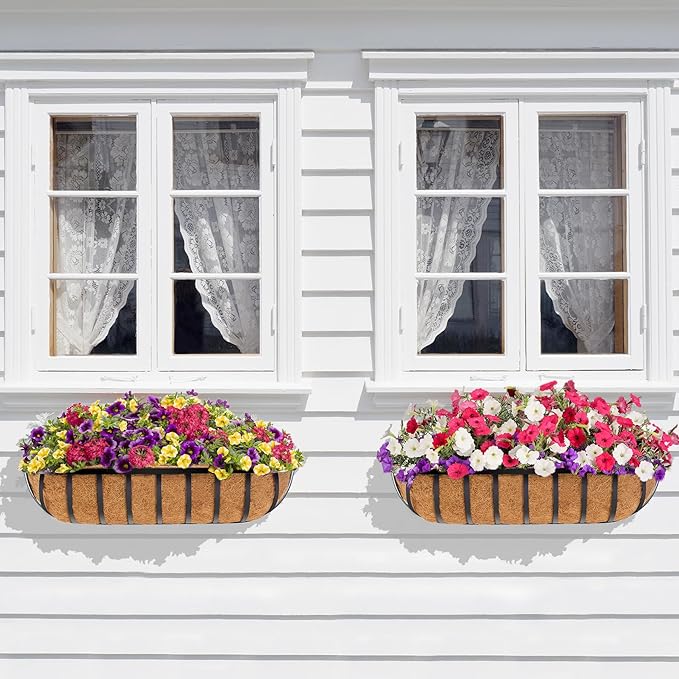 Y&M 30" Iron Window Deck Railing Planter Box 4Pcs with Coco Liner, Metal Horse Troughs Fence Planter for Outdoor Balcony Rail Fence Porch Patio