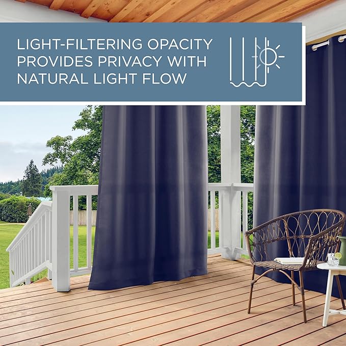 TOWN & COUNTRY BASICS Cabana Solid Heavyweight Indoor Outdoor Curtains, Light Filtering Opacity with Grommet Top, Water Repellent, 2-Pack Set, 54"x120", Dark Navy