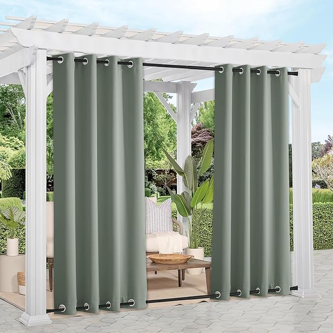 NICETOWN 2 Panels Sage Green Outdoor Patio Curtains 108 inches Long Waterproof & Windproof, Top and Bottom Rustproof Grommet Cold & Heat Blocking Thermal Drapes Privacy for Porch, W52 x L108