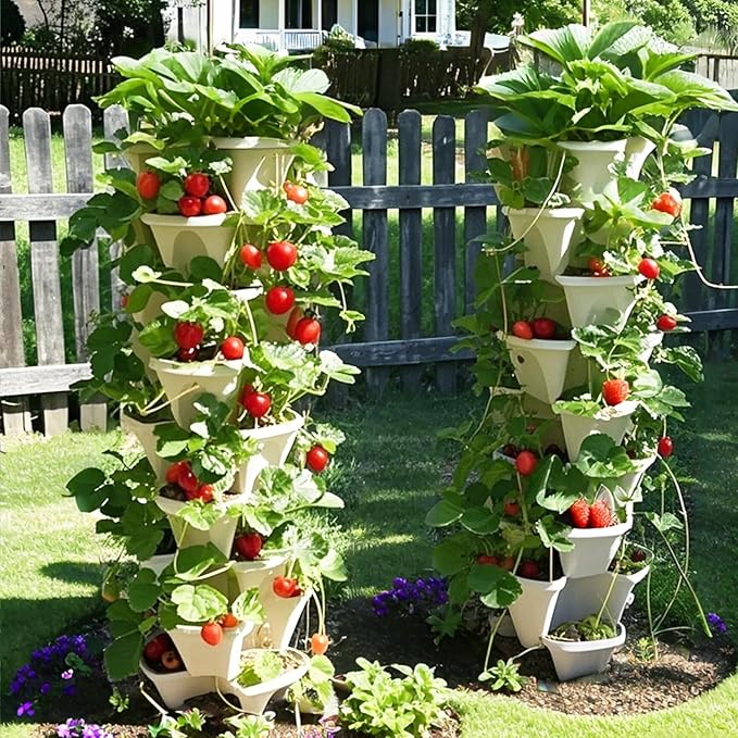 Strawberry Planters, 7 Tiered Vertical Stackable Planter, Herb Stacking Tower Garden, Flower and Vegetable Planters with Support Pole Indoor & Outdoor with Removable Wheels - Dark Grey