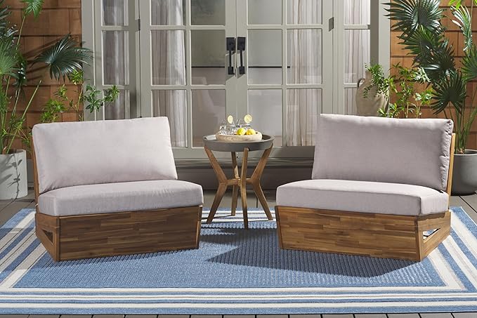 SAFAVIEH Outdoor Patio Furniture Collection – Dune Lounge Chair Set of 2, Solid Wood Outdoor Seating with Light Grey Cushions, Modern Relaxed Design (PAT7328B-SET2)