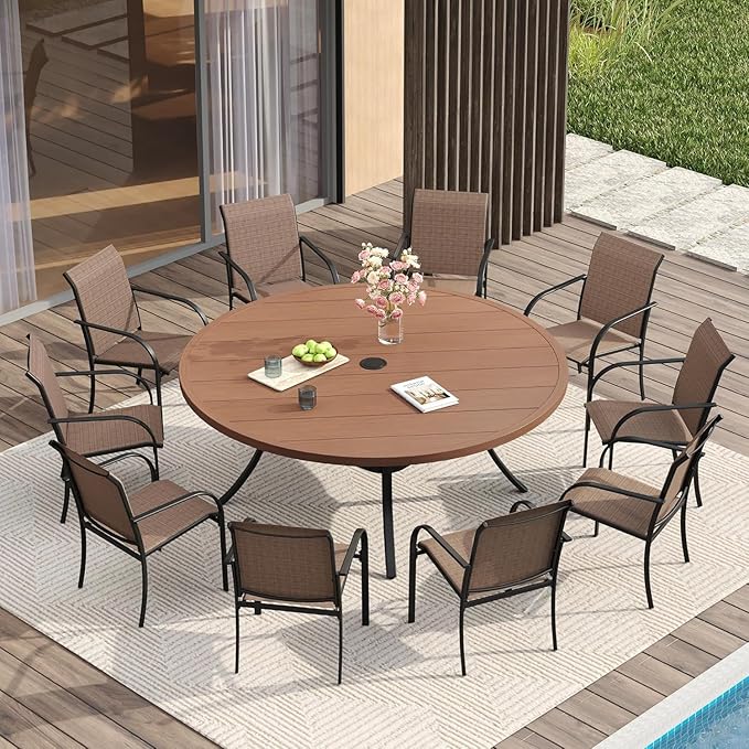 VICLLAX Large Patio Dining Furniture Set, Outdoor Dining Set for 10-60" Round Outdoor Table and Patio Stackable Chairs, Walnut Wood-Like Tabletop and Brown Fabric