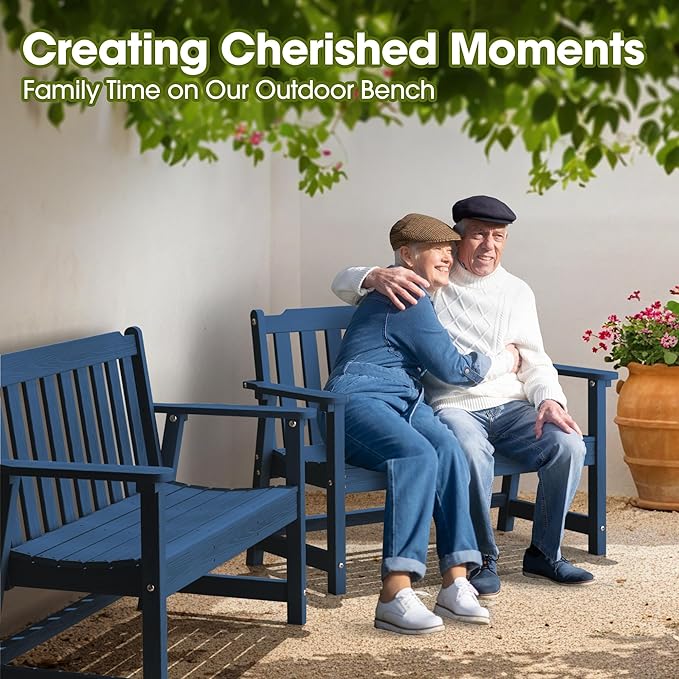 Ciokea 49" Heavy Duty Outdoor Bench Set of 2, HDPE Weatherproof Garden Bench, 2-Person Memorial Benches with 660 Lbs, Waterproof Patio Porch Benches for Outside Business Office Backyard, Navy Blue