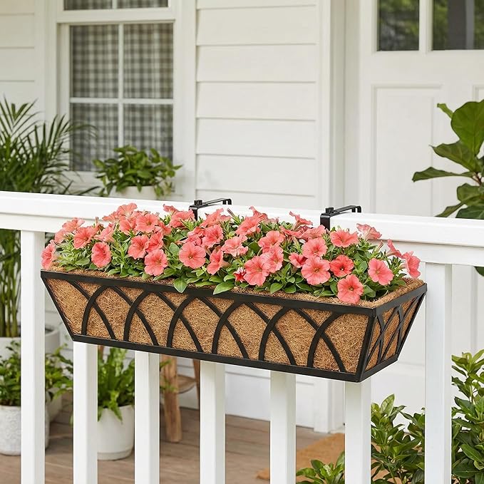 Y&M 24 Inch Window Deck with Coco Liner, Fence Metal Hanging Flower Planter Window Basket Deck Railing Planter Boxes for Outdoor Garden Lawn, 24" Window Boxes Horse Trough with Coconut Coir Liner,4pcs