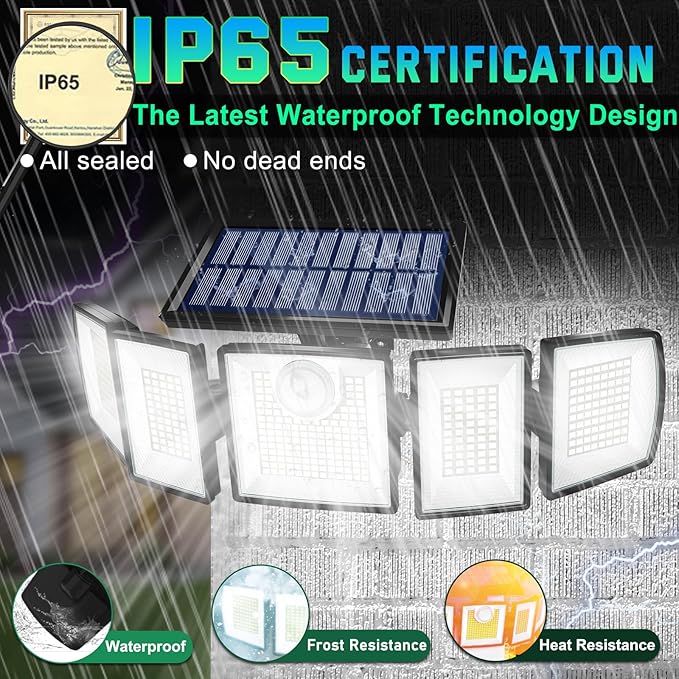 Solar Lights Outdoor Waterproof Motion Sensor - 416 LEDs 3000 Lumens Super Bright 3 Brightness 3 Modes 2400mAh 360° Illumination 32ft Solar Flood Security Light for Outside (with Stakes, 1)