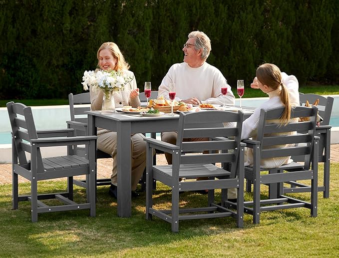 SERWALL Patio Dining Set for 6, Outdoor Dining Sets for 6 Person with 1 Umbrella Hole Cut-Out Rectangular Table and 6 Chairs, HDPE Dining Sets for Garden, Backyard, Poolside, Gray