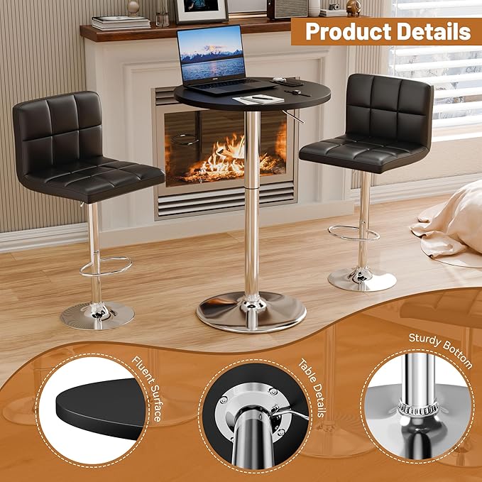 Flamaker Round Bistro Pub Table 23.6 Inch Height Adjustable 360° Swivel Bar Table Metal Base for Pub, Dining Room, Party (4, Black-Silver)