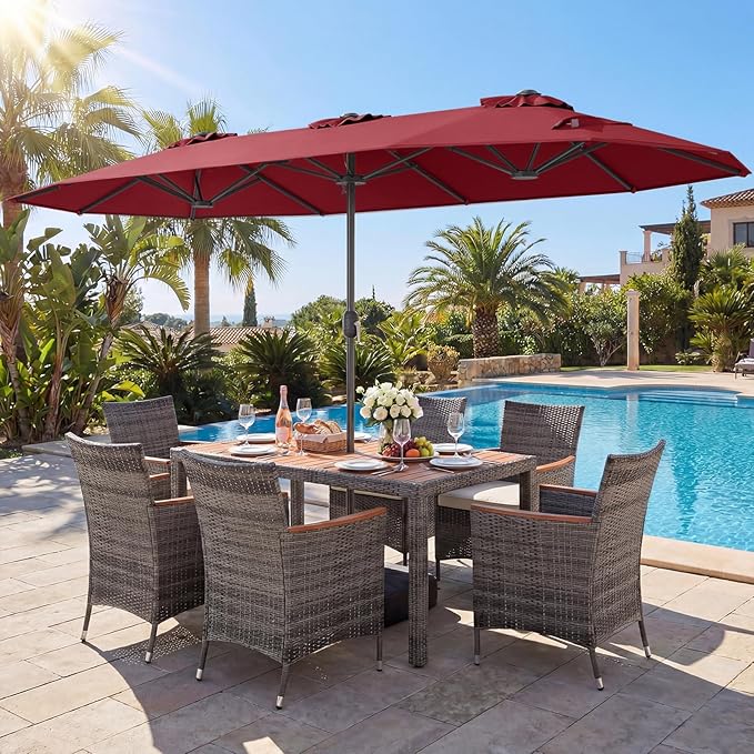 Tangkula 9 Piece Rattan Outdoor Dining Set with 13Ft Umbrella for 6, Outdoor Wicker Table Set with 6 Cushioned Armchairs, Acacia Wood Top, Outdoor Umbrella & with Base Included