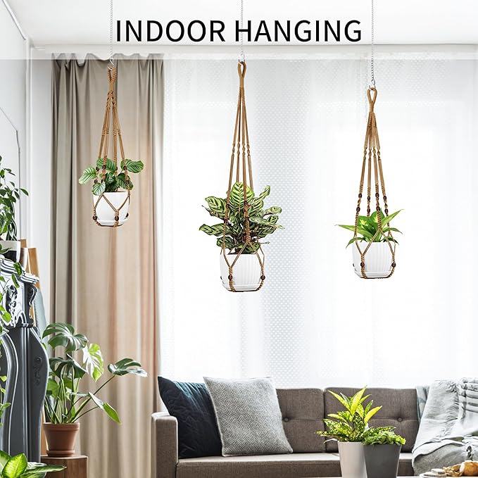 Macrame Plant Hanger - Fits 4 to 15 inches Pots for Indoor Outdoor, 43"/35"/29" Different Sizes Set, Brown (POTS NOT Included)