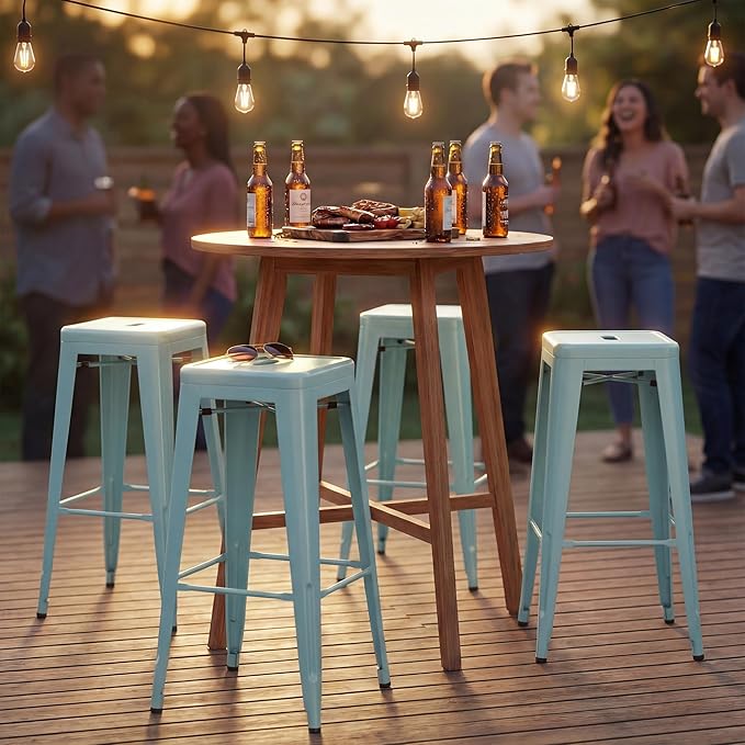 Shahoo 30 Inches Metal Bar Stools Counter Height Stackable Backless Stools, Industrial Patio Stools Indoor Outdoor Metal Kitchen Stools Set of 4 (Blue, 30'')