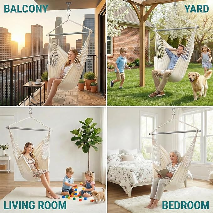 ADVOKAIR Hammock Chair Swing, Heavy-Duty Hanging Rope Swing Seat Supports 500 Lbs, Ideal for Outdoor Patio, Backyard, Porch, Deck & Indoor Bedroom Use