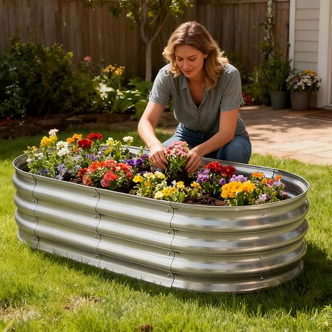 TATAANTY Raised Garden Bed for Outdoor: 4x2x1ft Durable Metal Vegetable Plant Container Kit - Oval Planter Box for Gardening Flower Trough Galvanized - 1 Pack