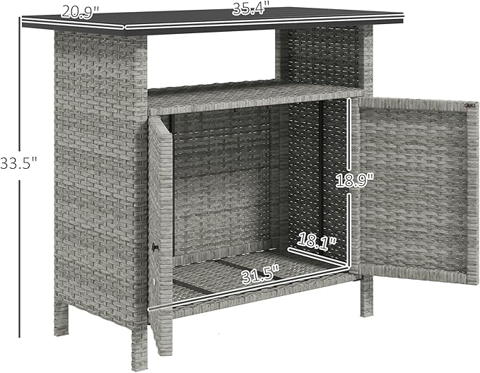 Outsunny Wicker Outdoor Storage Cabinet, Rattan Outdoor Bar Table with 2 Doors and Shelf, Outdoor Buffet Cabinet Sideboard with Metal Slatted Countertop for Poolside, Patio, Backyard, Gray