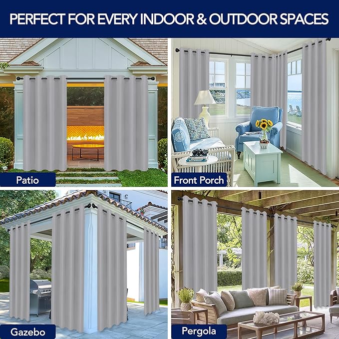 PureFit Outdoor Curtains for Patio Waterproof Weatherproof, UV Resistant Outside Curtains for Gazebo, Front Porch, Pergola, Sun Blocking Privacy Curtain, 52W x 95L inch, 1 Panel, Light Gray