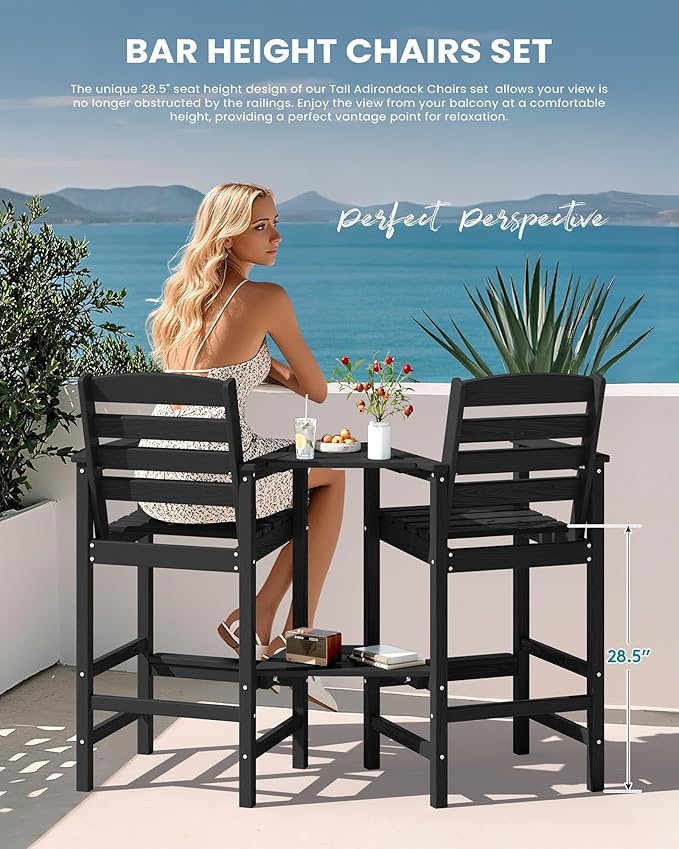 SERWALL Tall Adirondack Chairs Set of 2 with Connecting Table, All Weather Outdoor Barstools, Black