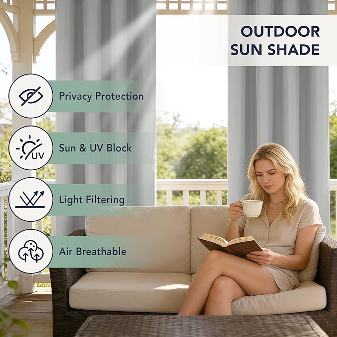 Outdoor Curtains for Patio Waterproof - 6 Panels Privacy Weatherproof Outside Curtains with Grommets for Pergola, Gazebo, Porch, Cabana, Balcony, 54 x 84 Inch, Silver