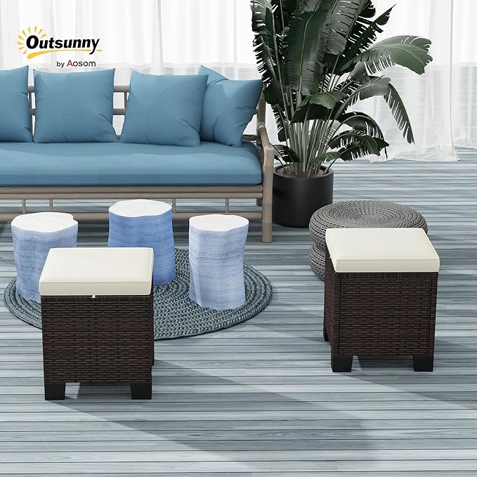 Outsunny 2 Pieces Outdoor Patio Ottomans, All Weather Wicker Outdoor Footstools with Removable Cushions, 3-in-1 PE Rattan Ottoman Seat, Footrest and Side Table for Backyard, Poolside, Beige