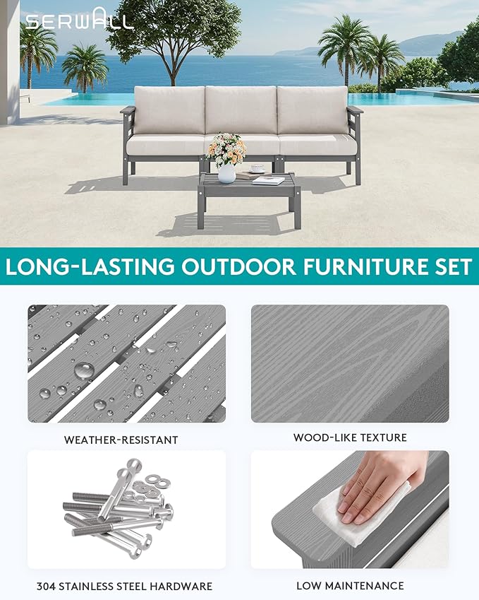 SERWALL HDPE Patio Furniture Set, 2 Pieces Outdoor Sectional Sofa Set, All-Weather Wood-Like Outdoor Sofa Couch with Coffee Table for Deck, Lawn, Grey Frame with Khaki Cushion