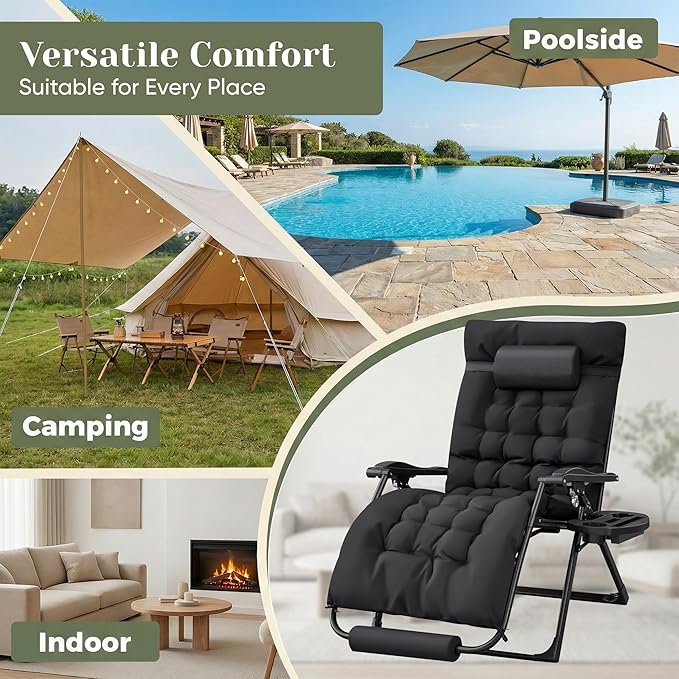 Homall Oversized Zero Gravity Chair, Set of 2 Recliner Lounge Chair with Removable Soft Cushion and Cup Holder, Adjustable Anti Gravity Chair Folding Patio Chairs Padded for Indoor and Outdoor (Black)