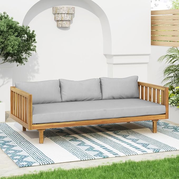 Merax Solid Acacia Wood Couch Chaise Lounge Chair Indoor, 3 Seater Daybed Sofa Couches with Cushions & Pillow, Heavy Frame Day Bed for Living Room, Office, Outdoor, Balcony, Patio, Water Resistant