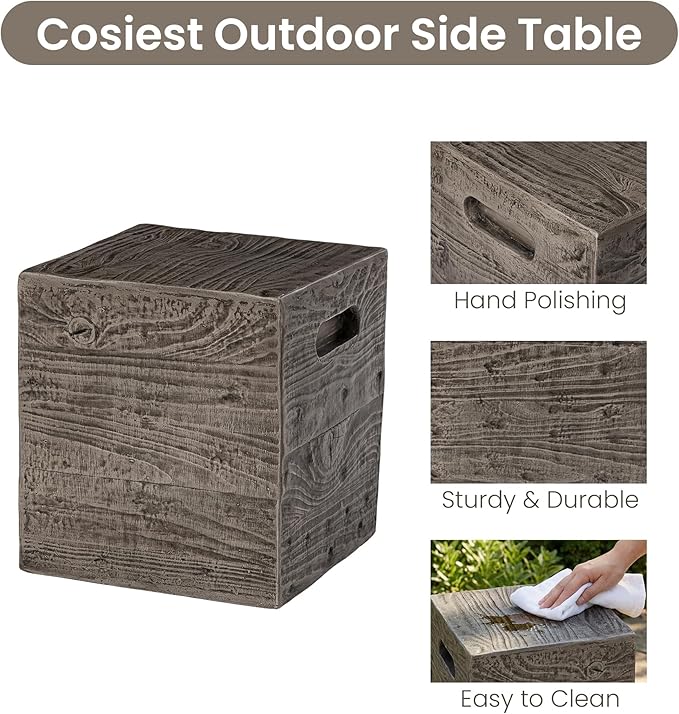 COSIEST Wooden Outdoor Side Table, Square MgO Concrete End Patio Side Table, Lightweight Cylinder Top Plant Stand with Square Base for Garden and Deck