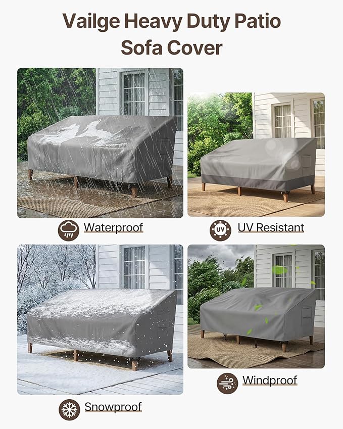 Vailge Heavy Duty Patio Sofa Cover, 100% Waterproof 3-Seater Outdoor Sofa Cover,Lawn Patio Furniture Covers with Air Vent and Handle,104" Wx 40" Dx 35" H,Grey