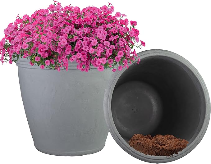 Sunnydaze 20-Inch Anjelica Large Plastic Pot for Plants - Outdoor Double-Walled Large Plastic Planter with Drillable Drainage Holes - Light Gray - 2pk