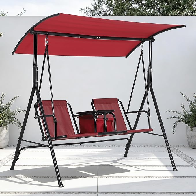2-Person Porch Swing with Cup Holders, Pivot Storage Table & Cooler Bag, Adjustable Canopy, Black Steel Frame Outdoor Patio Swing for Backyard, Balcony & Poolside