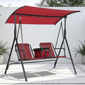 2-Person Porch Swing with Cup Holders, Pivot Storage Table & Cooler Bag, Adjustable Canopy, Black Steel Frame Outdoor Patio Swing for Backyard, Balcony & Poolside