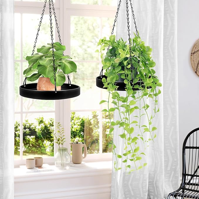 Plant Hanger Indoor Outdoor, Hanging Planter Baskets for Outdoor Indoor Plants, Hanging Plant Holder Tray for Plants, Metal Window Plant Hanger, Black Hanging Plant Shelf, 2 Pack