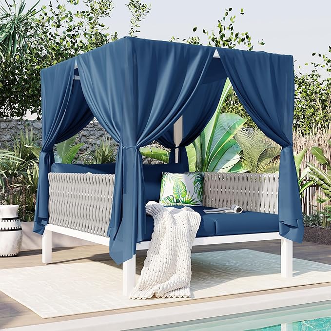 Merax Outdoor Patio Daybed with Soft Thick Cushions, Two Pillows and Curtains, Double Chaise Lounge Sunbed with Rubber Core Rope Backrest for Outside Pool, Garden, Backyard, Lawn, Blue