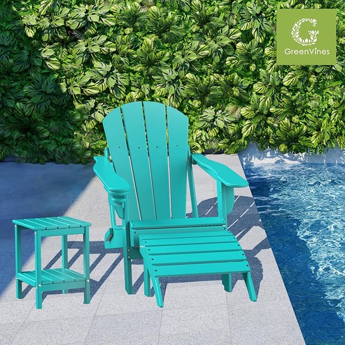 GREENVINES Adirondack-Outdoor-Side-Table | Set of 2 | 14 x 13 Inches | HDPE Plastic | All Weather | Aqua | Outside End Tables | Storage Shelf | for Patio Porch Backyard Indoor