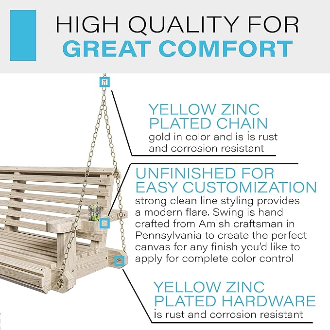 Porchgate Amish Heavy Duty 800 Lb Roll Comfort Treated Porch Swing W/Chains (4 Foot, Unfinished)