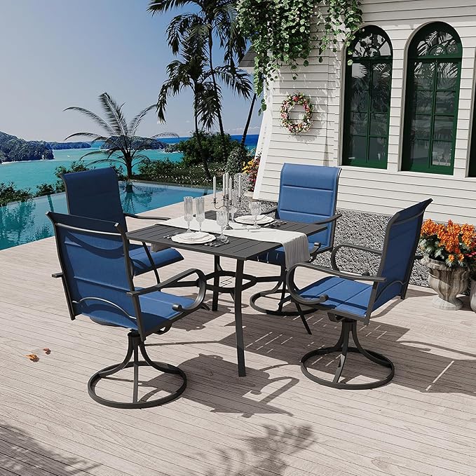 MELLCOM 5 Pieces Outdoor Dining Set, 4 Swivel Rocker Chairs with High Back Textilene & Square Metal Dining Table with Umbrella Hole, Patio Furniture Set for Porch, Garden, Backyard, Deck, Blue