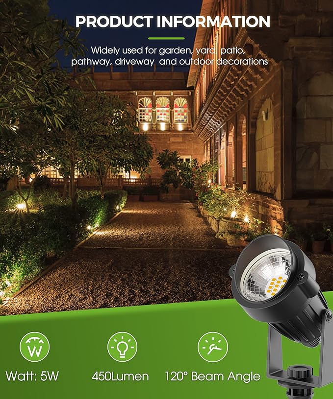 L LOHAS LED Outdoor Landscape Lighting, Auto On/Off 3000K Low Voltage Landscape Lighting, IP66 Waterproof Spot Lights for Yard, Outside, Garden, House, Pathway, Plant, Holiday Decor (6 Pack)