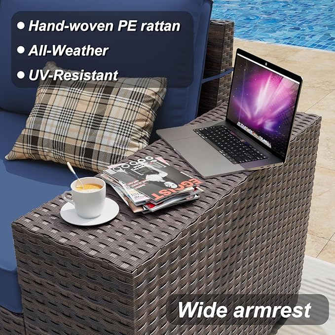 ALAULM 6 Pieces Patio Furniture Set, Oversized Seat/Armrest and High Back Wicker Sectional Furniture Set with Thick Cushion for Backyard, Garden, Navy Blue