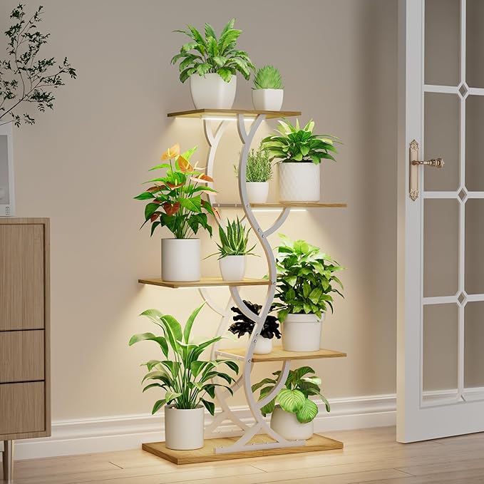 Plant Stand Indoor with Grow Lights - 44" Tall Corner Plant Stands for Indoor Plants, 5 Tiered Metal Plant Shelf, Curved Plant Flower Holder Dispaly Rack for Living Room, Home Patio Balcony (White)