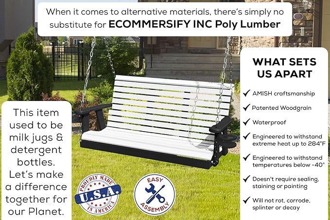 Poly Lumber Wood 5FT Porch Swing Amish Craftsmandship Made in USA HDPE with No wood fibers and 1000 lbs Limit. Stainless Steel Hardware.Signature Rollback design for Patio Outdoor Backyard Garden Park