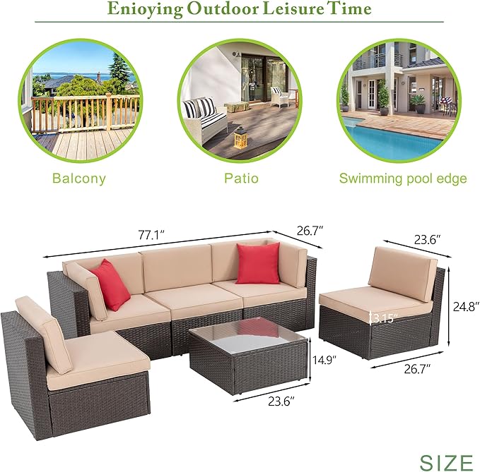 Vongrasig 7 Piece Patio Furniture Set with Gas Fire Pit Table, Outdoor Conversation Sets Wicker Rattan Sectional Sofa with Coffee Table, 43” Propane Gas Firepit Table with Lid, Beige