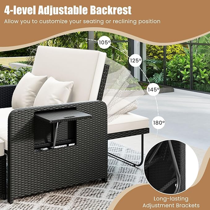 HAPPYGRILL Patio Rattan Wicker Daybed with Loveseat & Storage Ottoman, Outdoor Lounge Sofa Furniture Set with Adjustable Backrest & Side Trays, for Poolside Deck Porch Lawn (Black & Beige)