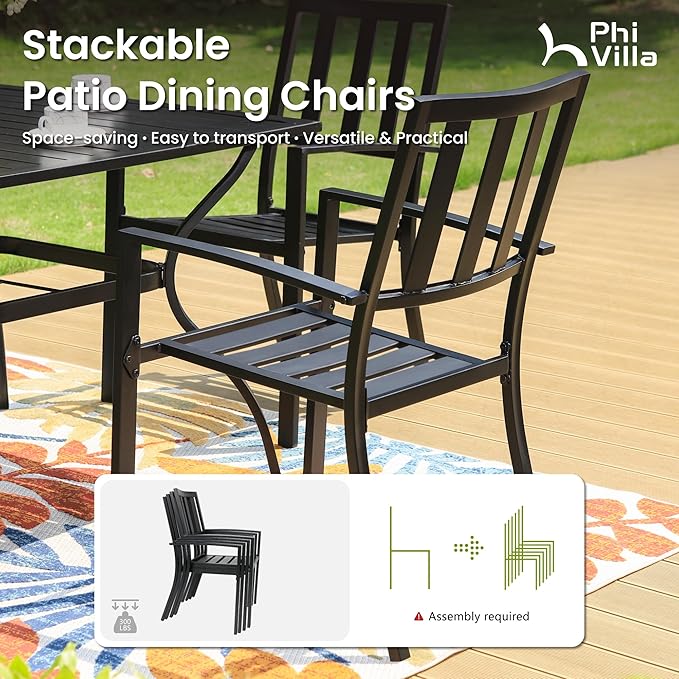 PHI VILLA 9 Pieces Outdoor Dining Set for 8, 83“ Rectangular Metal Table with Umbrella Hole & Stackable Black Wrought Iron Chairs, Large Outside Furniture for Patio, Deck, Yard, Porch