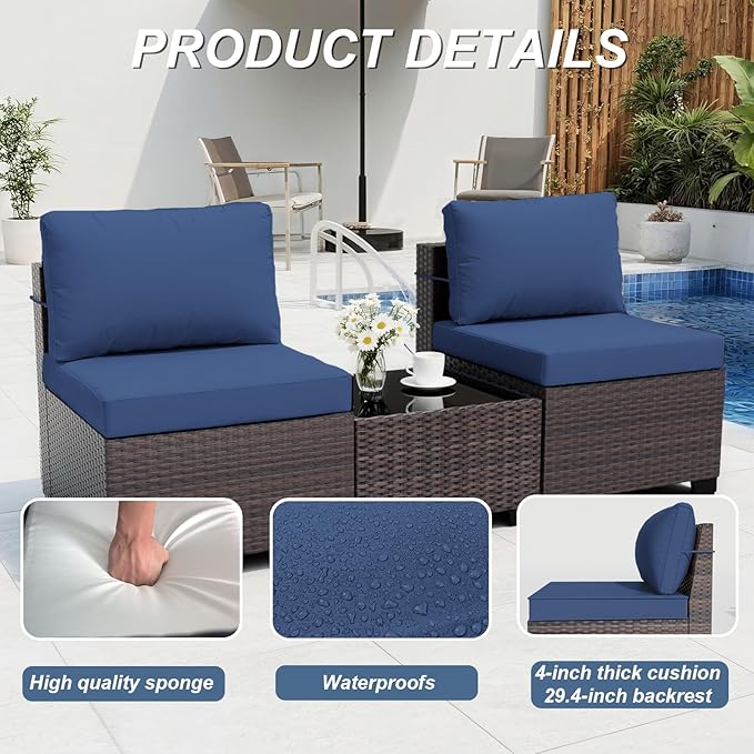 ALAULM Patio Furniture Set with 2 Swivel Chairs, Outdoor Sectional with 55000 BTU Fire Pit Table and Wide Seat, 11 Pieces Wicker Rattan Conversation Set with Coffee Table for Garden, Deck, NavyBlue