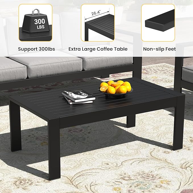 Wisteria Lane Outdoor Furniture Patio Coffee Table, Rectangle Outdoor Coffee Table, All-Weather Patio Metal Coffee Table for Balcony, Garden, Deck, Backyard, Black